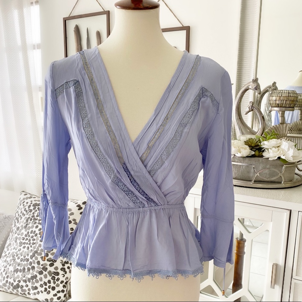 Light Blue Long Sleeve Boho Blouse Floral Lace Top